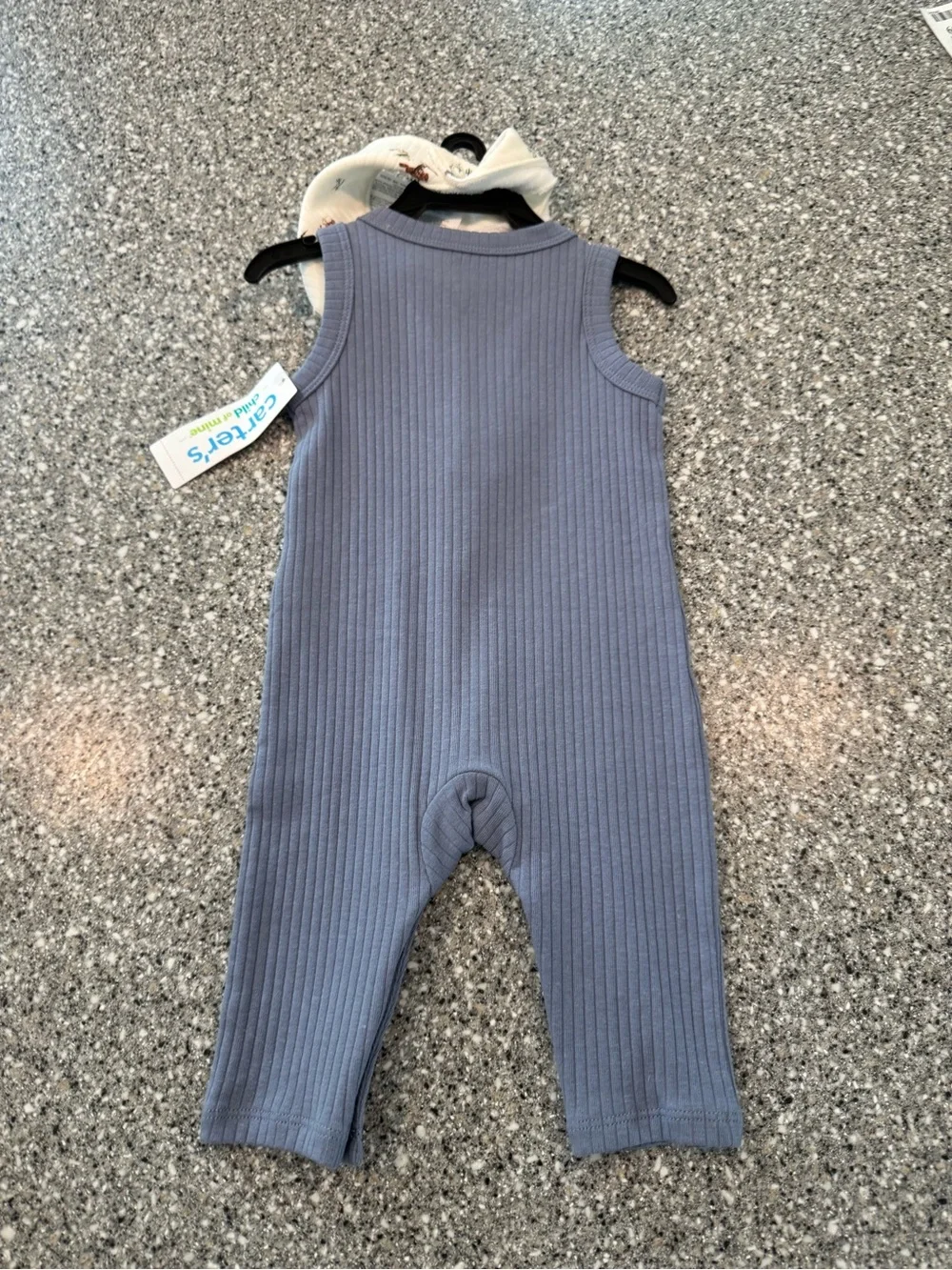 Carter's Blue Ribbed Cotton Sleeveless Romper with Cream Printed Bandana Bib